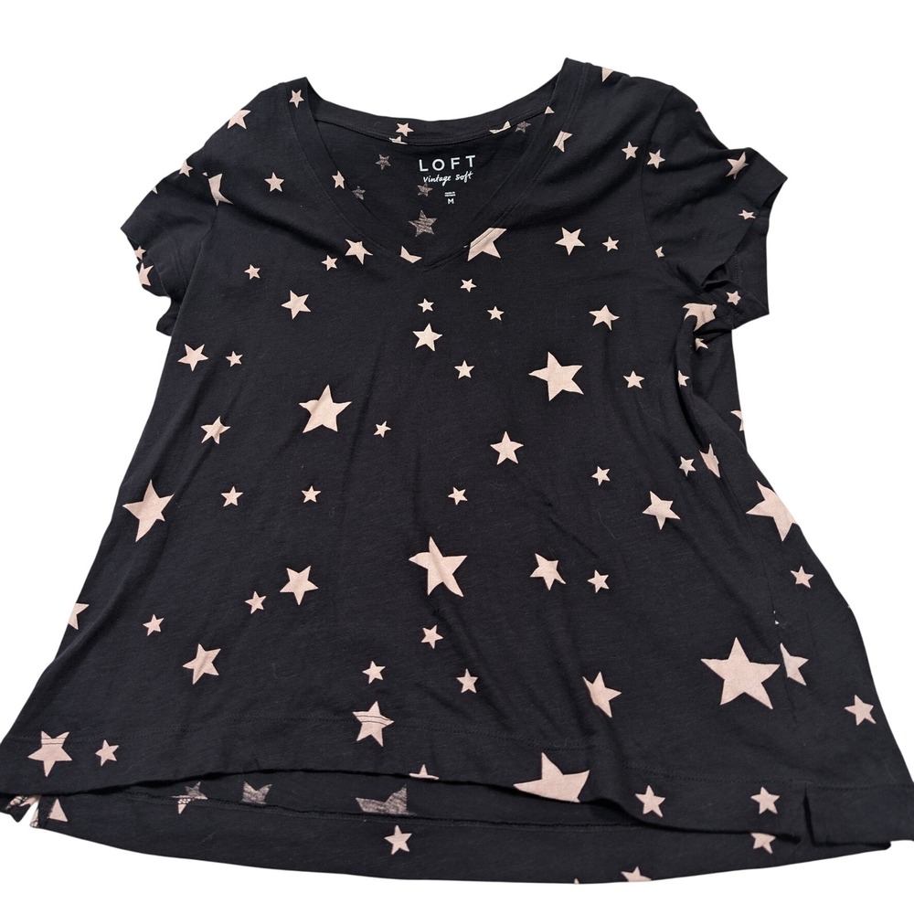 LOFT Women Vintage Soft Tee Size M Black Pink Star Print V-Neck Short Sleeve